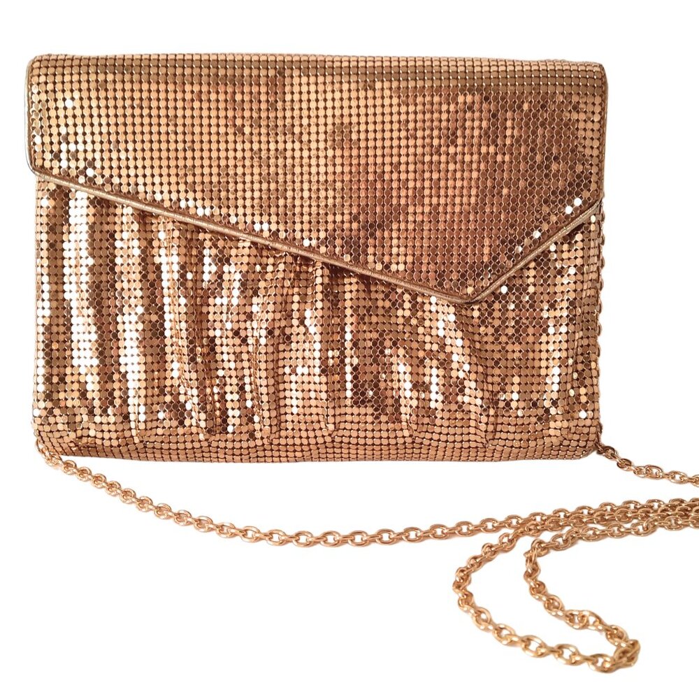 Whiting & Davis Clutch Gold Mesh Purse Evening Bag Detachable Crossbody Chain